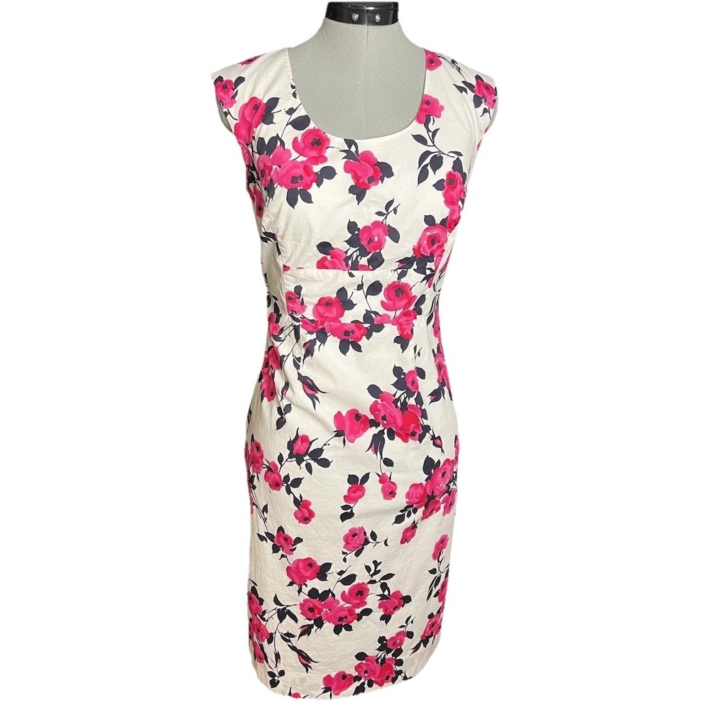 J. Peterman Women's White Pink Floral Dress Size 8 Cotton Fitted Dress Lined
